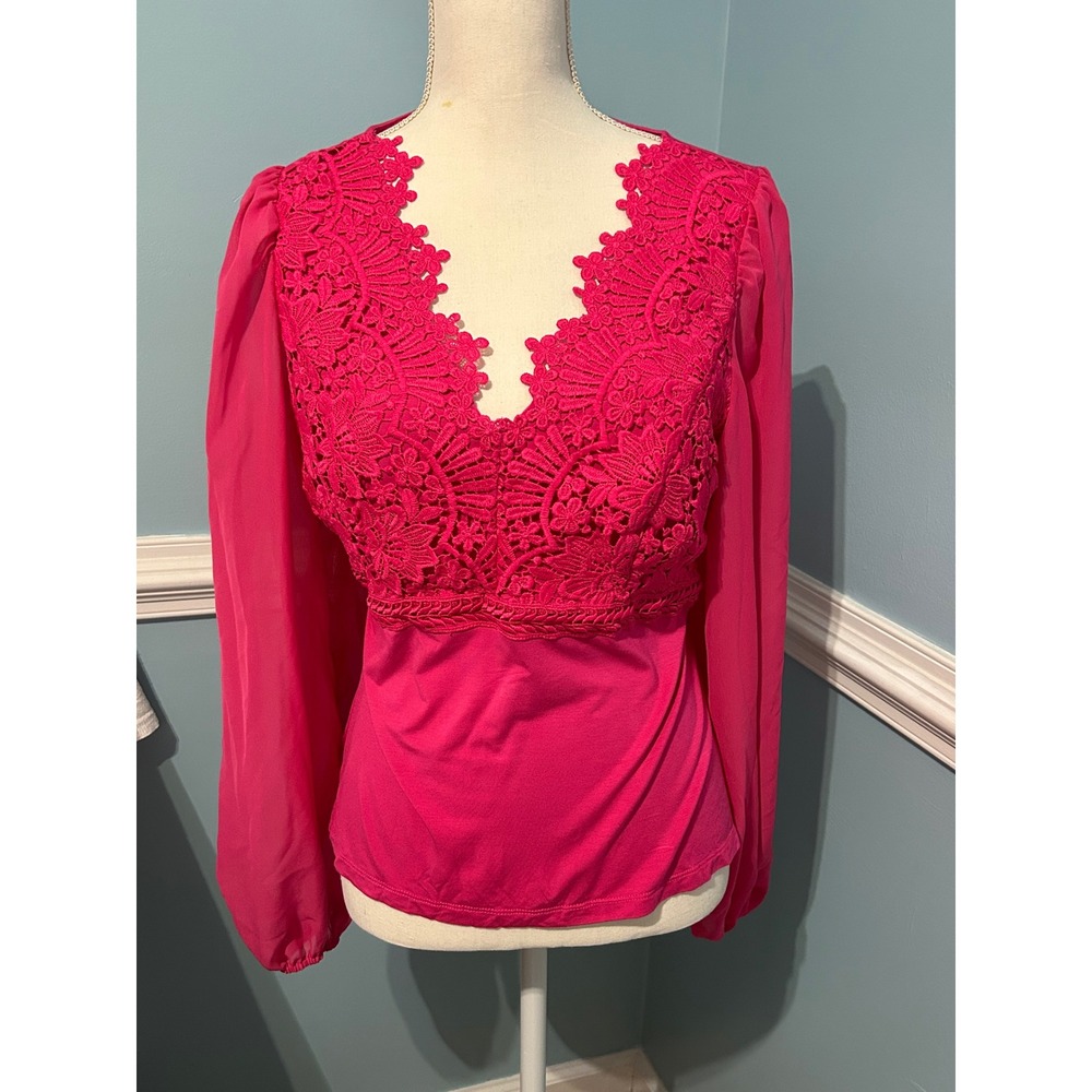 Boston Proper Hot Pink Lace Crochet V-Neck Chiffon Balloon Sleeve Barbie Large